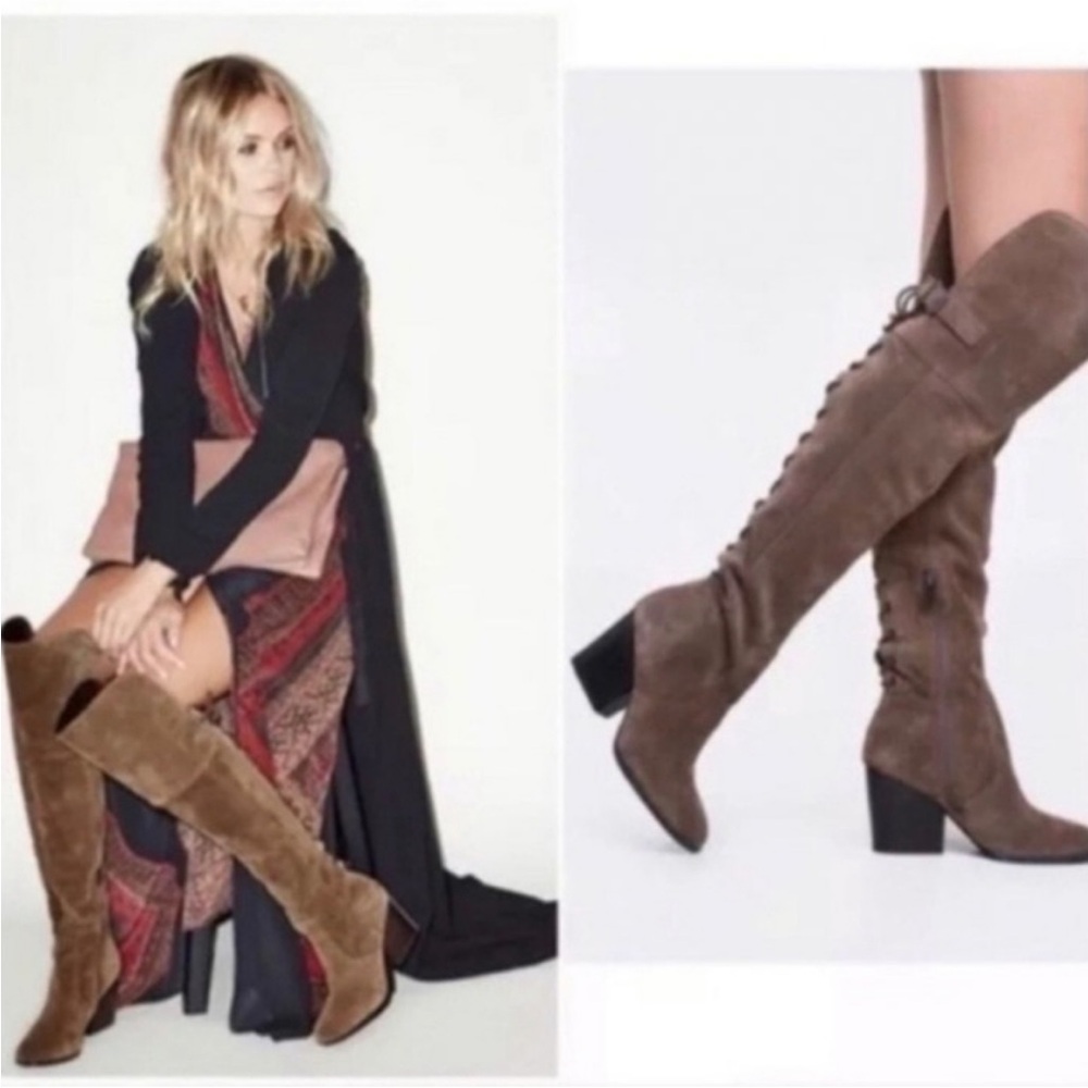 Sam Edelman Tan Camel Brown Suede Over the Knee Lace Up Heeled Boots Size 8 - Picture 2 of 9